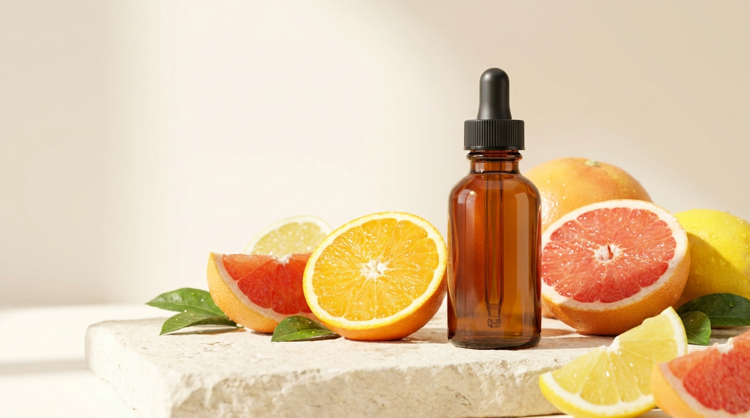 Vitamine C serum in amberkleurig druppelflesje met verse sinaasappel