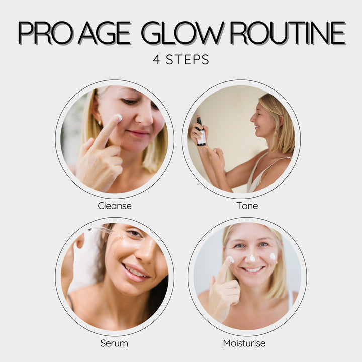 Een vrouw brengt gezichtscrème aan uit de Pro-Age Glow Set voor Rijpere Huid.
