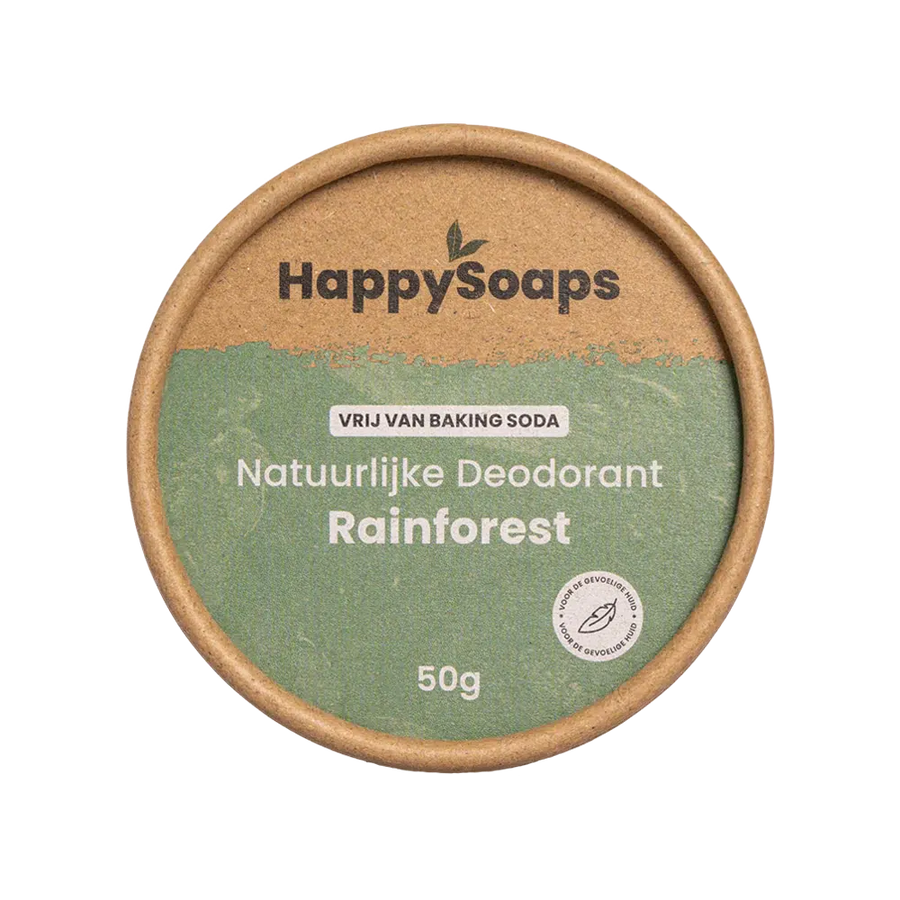 Natuurlijke Deodorant - Rainforest: een ronde container met groene en bruine cirkel, witte tekst.